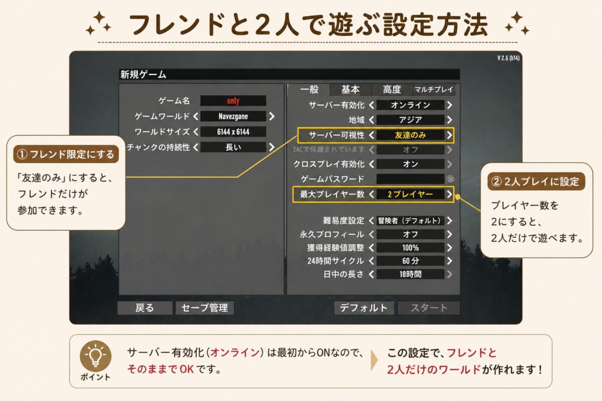 フレンドと2人で遊ぶ設定方法 - 7 Days to Die新規ゲーム作成画面
