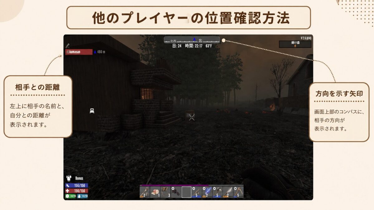 他のプレイヤーの位置確認方法 - 7 Days to Die ゲーム画面解説