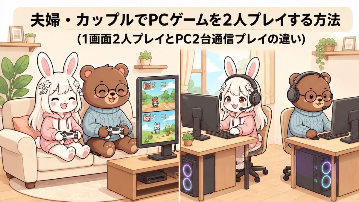 1画面2人プレイとPC2台通信プレイの2つの遊び方を比較したアイキャッチイラスト