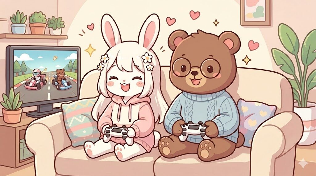 ウサさんとクマさんがソファに並んで座り、コントローラーで1画面2人プレイを楽しんでいるイラスト