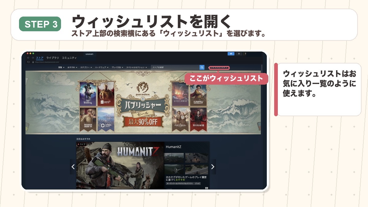 STEP3 ストア上部からウィッシュリストを開く